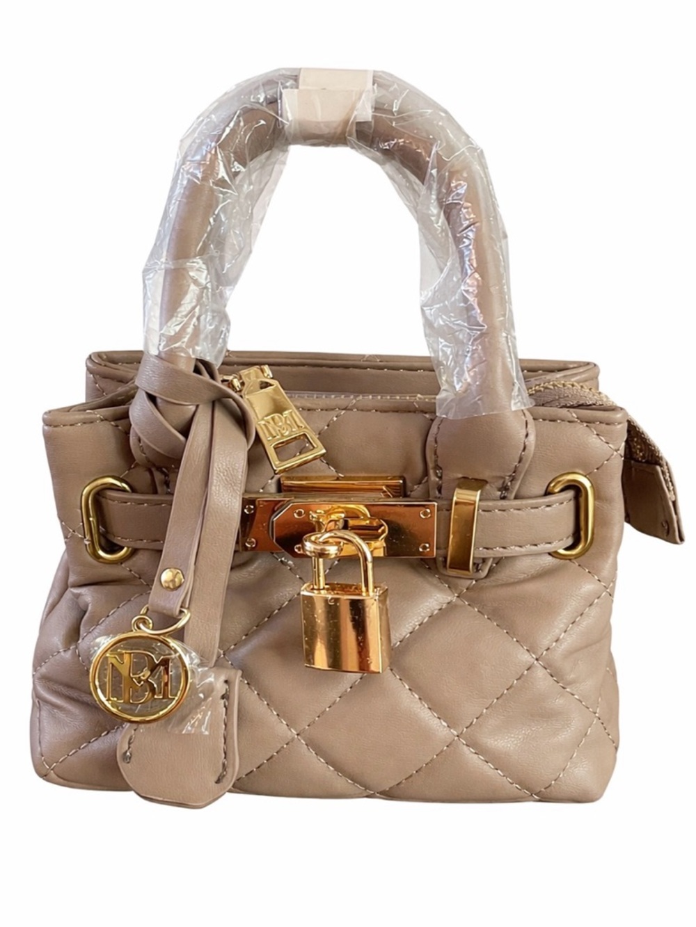 🤎💛 BADGLEY MISCHKA Taupe Quilted Mini Tote w/ Lock Charm + Strap NWT